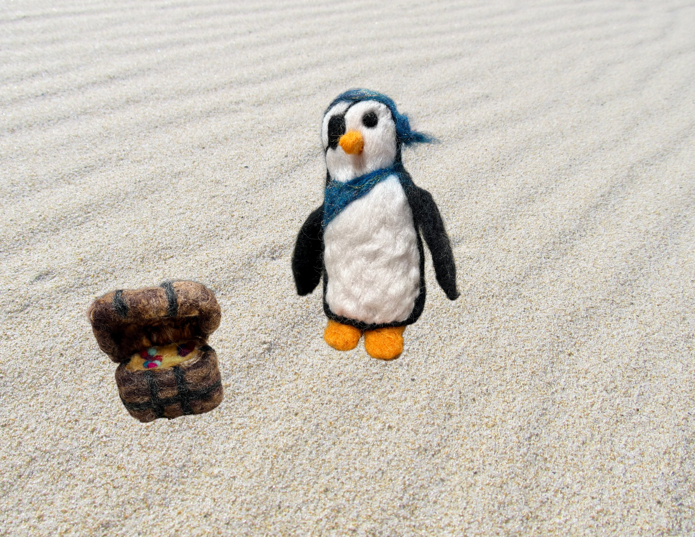 Needle Felted Penguin Pirate with Treasure Chest