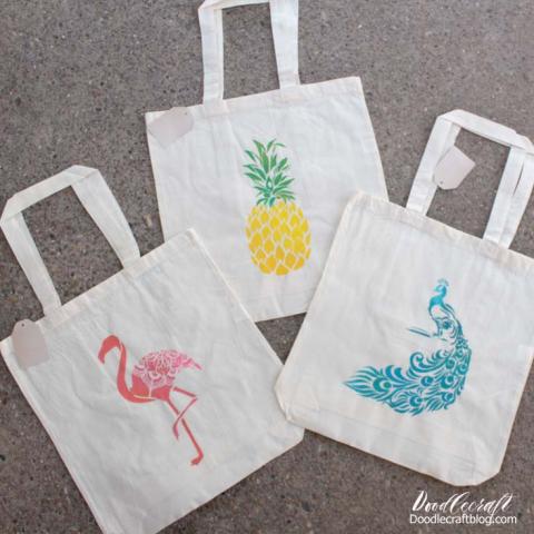 We will be using stencils and paint to create a tropical themed reusable tote bag!