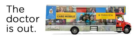 Ronald McDonald Care Mobile next to the words "The Doctor is out"