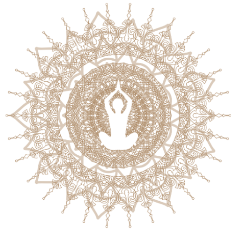 Yoga pose on a tan, lace, circular background.