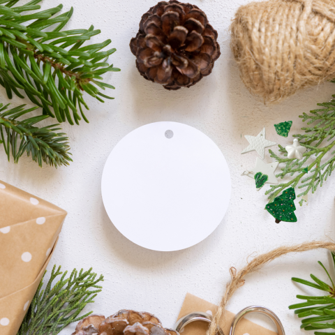 Plain white ornament with pine cones and twine around it.