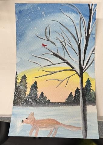 A winter sunrise painting with watercolors Fox and tree in the forefront.