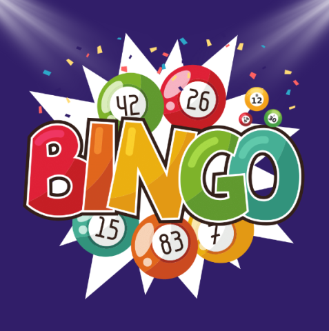 dark blue background with 5 colorful bingo ball surrounding a large colorful letters spelling out bingo.