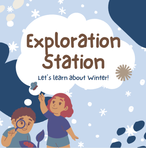 a blue snowy background with patches of dark blue spots two young children, one looking at a plant with a magnifying glass and the other pointing to the butterfly. both children share a thought bubble that says in big brown letters "exploration station" with smaller blue letters underneath that say "Let's learn about Winter"!