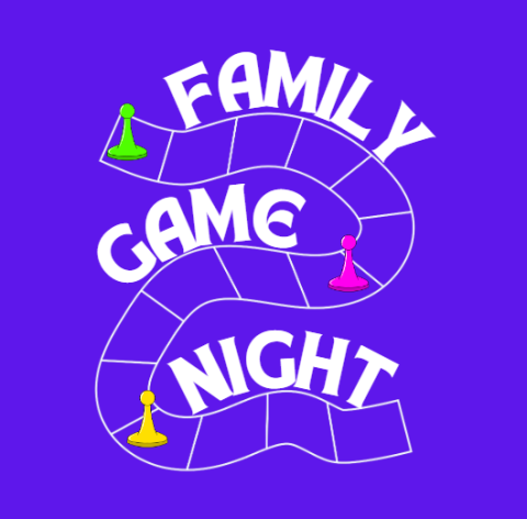 a bright purple background with a game board road and 3 colorful boardgame pieces the world "family game night" layed out in a curved format.