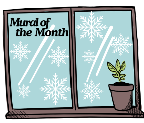 large two pane window frosted with snowflakes. a fern plant in the bottom right hand corner of the window and the words mural of the month in black in the top left corner of the window