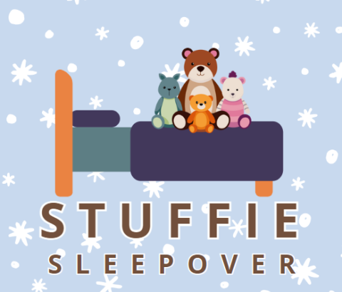 four stuffed animals sitting on a bed with a snowy blue background with the words stuffie sleepover along the bottom in brown lettering