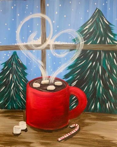 a red coffee cup with hot cocoa with a window and evergreen trees in the background