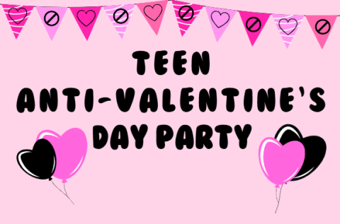 pink background with hearts and 'cancel' sign on a banner with the words Teen Anti-Valentine's Day Party in black block lettering underneath are two pairs of heart shaped balloons pink and black