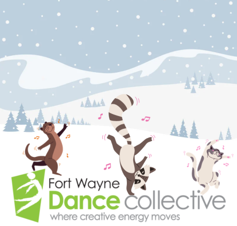 three dancing animals against a snowy back ground with the fort wayne dance collective logo on the bottom