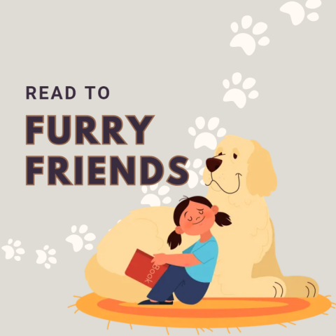 large golden retriever type dog sitting on an orange rug with a small girl reading a book. white paw prints across the background with the words "read to furry friends" in brown lettering