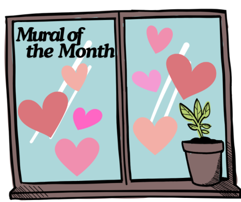 a large two pane window with the words mural of the month in black letter in the top left. a potted fern plant on the lower right corner of the window and various pink hearts all over the window