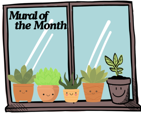 a large two pane window with the words mural of the month in black letter in the top left. a potted fern plant on the lower right corner of the window and various succulent plants along the window sill