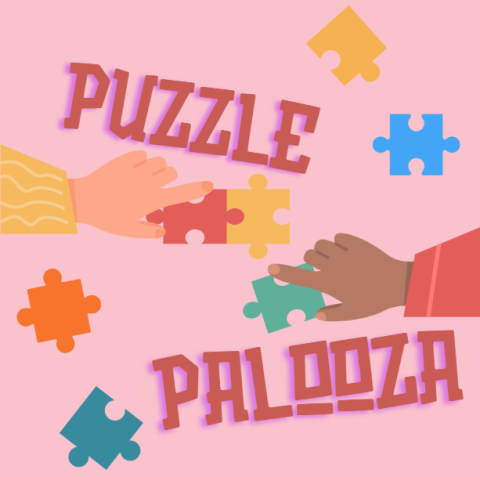 pink background with the words puzzle palooza and two hands reaching for various colored puzzle pieces