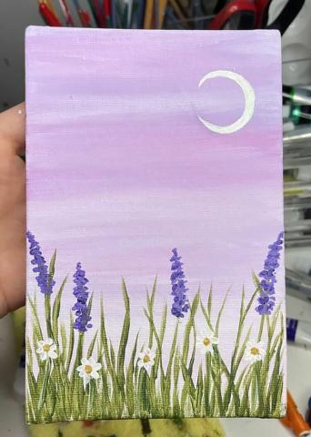 a purple painted canvas with lavender flowers and white daisies