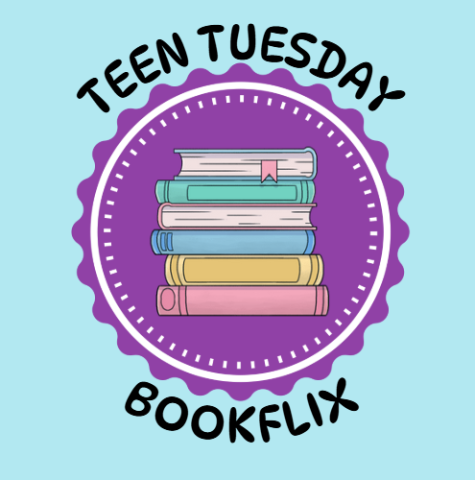 light blue background with a purple scalloped circle in the middle, inside is a stack of colored books and around the circle are the words 'teen tuesday bookflix'