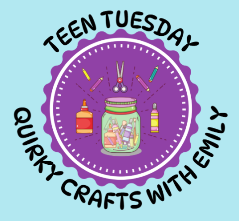 light blue background with a purple scalloped circle in the middle, inside are various art supplies and around the circle are the words 'teen tuesday quirky crafts with emily''