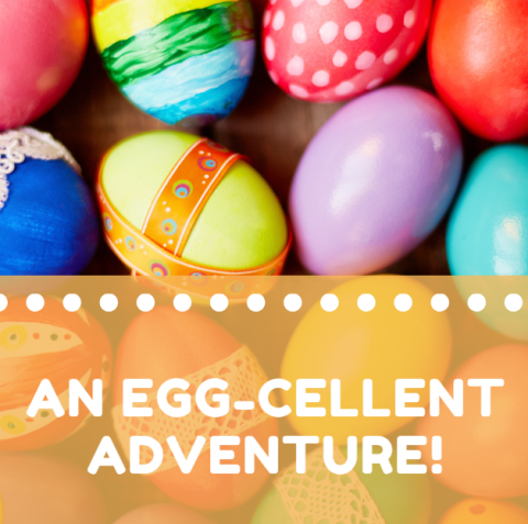 various colored and patterned eggs in the background with a light orange banner along the bottom sayin "an egg-cellent adventure!"