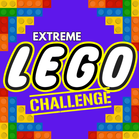 the words extreme lego challenge across the middle of a purple background with lego in big bold letters. different colored legos are stacked up in each corner of the image