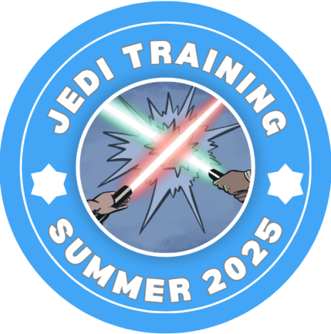 two large blue circles with the words jedi training and summer 2025 separated by white stars. in the middle are two light sabers