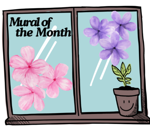 a large two pane window with the words mural of the month in black letter in the top left. a potted fern plant on the lower right corner of the window and pink and purple flowers in both window panes