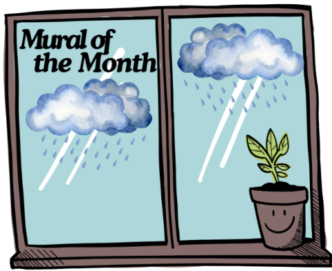 a large two pane window with the words mural of the month in black letter in the top left. a potted fern plant on the lower right corner of the window and rain clouds in both window panes