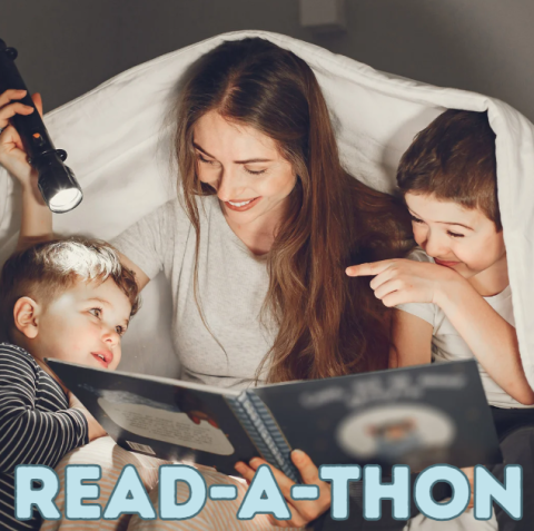 a mother and two children reading under a sheet with a flashlight and the words read-a-thon along the bottom