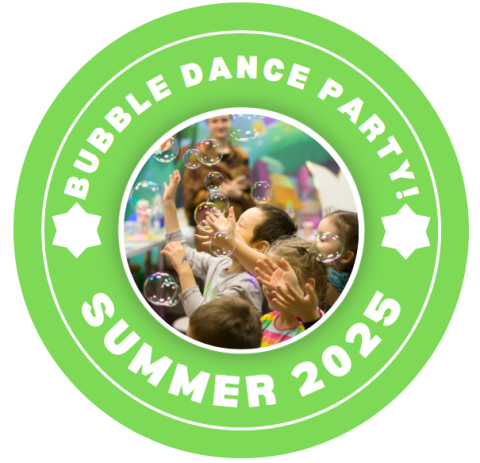 green circles with the words bubble dance party! summer 2025 and a picture of children participating in a dancing and blowing bubbles in the center