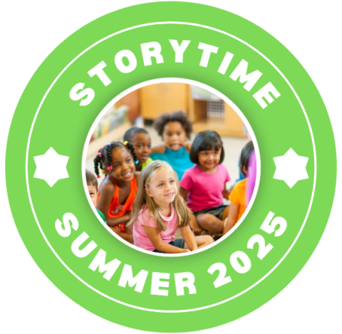 green circles with the words storytime summer 2025 and a picture of children participating in a storytime in the center