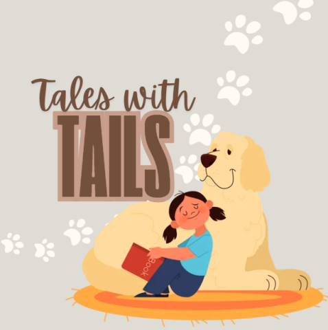 large golden retriever type dog sitting on an orange rug with a small girl reading a book. white paw prints across the background with the words "Tales with Tails" in brown lettering