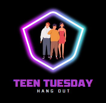 a six sided neon shape containing three teenagers with the words "teen tuesday" in purple large font and underneath "hang out" in smaller white font