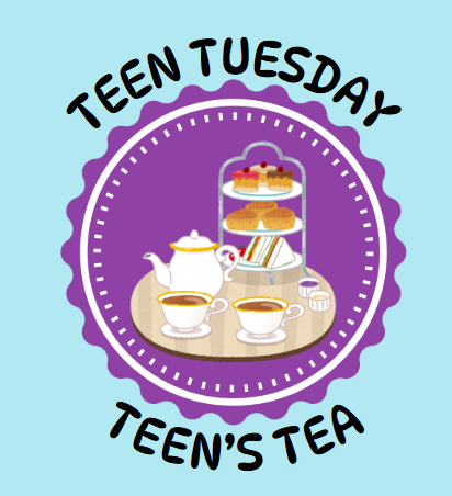 light blue background with a purple scalloped circle in the middle, inside is a tea party set up and around the circle are the words 'teen tuesday teen's tea'