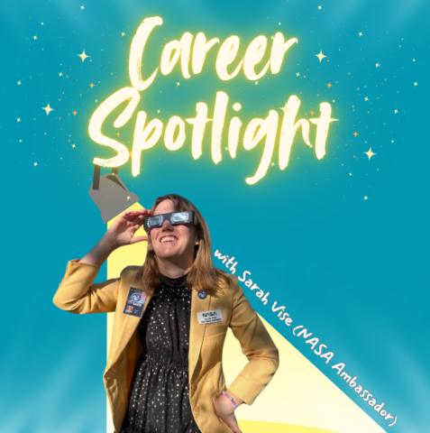 blue background with the words Career Spotlight in neon yellow at the top and a spotlight shining on Sarah Vise's picture with the words "with Sarah Vise (NASA Ambassador) along the edge of the spotlight