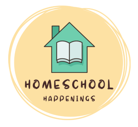 yellow circle background with a blue house and open book inside the blue house. the words Homeschool Happenings under the house