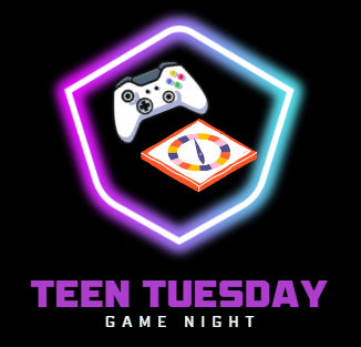 black background with a neon shape at the center, inside the shape is a board game and a video game controller. at the bottom in big purple lettering it reads "Teen Tuesday" under that it says "game night"