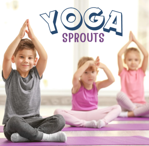 three children doing yoga poses on purple yoga mats with the words yoga sprouts across the top
