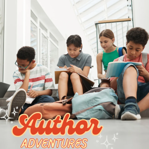 older children sitting around writing in journals with the words author adventures along the bottom