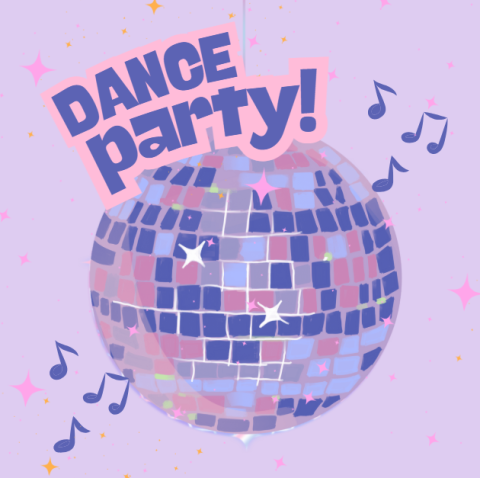 purple background with sparkles and a purple, pink, and blue disco ball with the words Dance Party! in purple lettering.