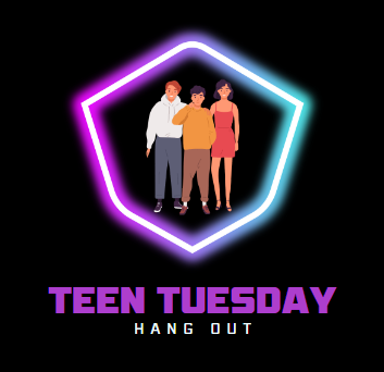 black background with a neon shape at the center, inside the shape is a group of teens. at the bottom in big purple lettering it reads "Teen Tuesday" under that it says "hang out"