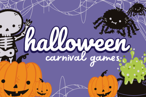 purple background with cobwebs and friendly halloween character faces, a ghost, spider, and 3 pumpkins, surrounding the words in the middle that say "halloween carnival games"
