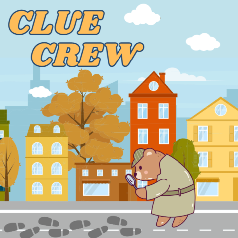 cityscape background with the words clue crew in the sky above and a bear detective following footsteps with his magnifying glass