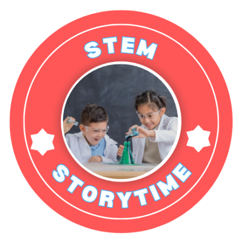 red circle with a picture of kids doing science in the middle and the words stem storytime around the circle