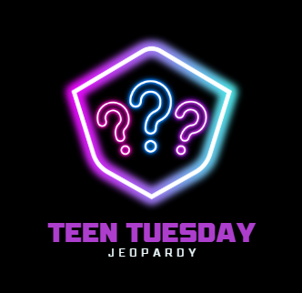 black background with a neon shape at the center, inside the shape is three colorful question marks. at the bottom in big purple lettering it reads "Teen Tuesday" under that it says "jeopardy"