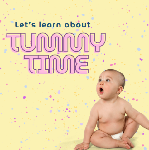 yellow background with colorful speckles the words "let's learn about" is small blue font and the words "tummy time" in large pink font. a small baby in a diaper looking at the words in awe.