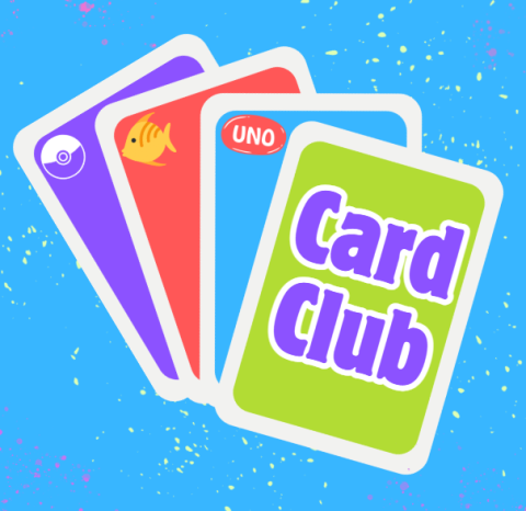 black background with various playing cards and the words "Card Club" on the top card