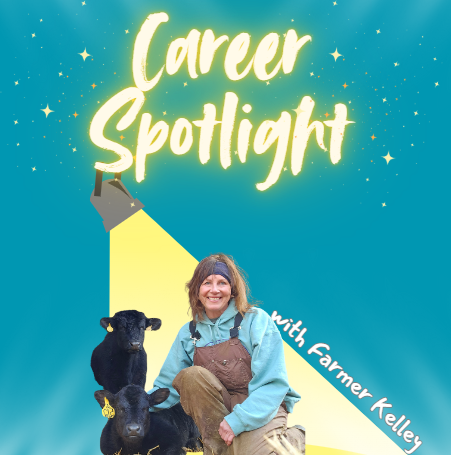 blue background with the words Career Spotlight in neon yellow at the top and a spotlight shining on Farmer Kelley's picture with the words "with Farmer Kelley" along the edge of the spotlight