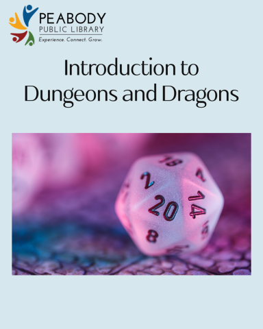 a blue poster words and a picture. the picture has a purple background with a white sparkly die 20