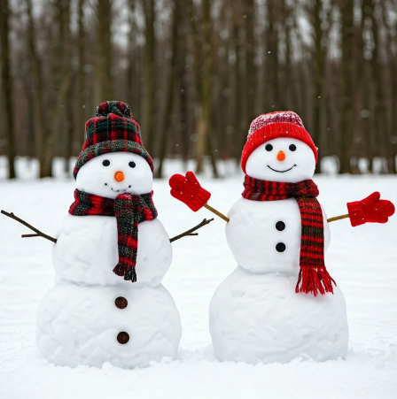 two snowmen, both with hats and scarves, and one with gloves