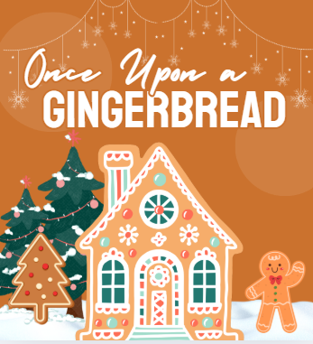 a decorated gingerbread house with christmas trees in the background covered with snow. snow flakes falling in the background with the words gingerbread houses across the middle