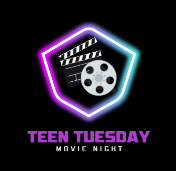 black background with a neon shape at the center, inside the shape is a movie marker and reel. at the bottom in big purple lettering it reads "Teen Tuesday" under that it says "movie night"